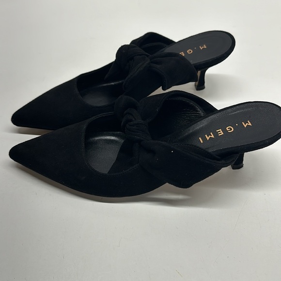 M Gemi Lasso Suede Pointed Toe Tie Bow Heeled Open Back Mules Shoes Black US 6.5 - Picture 3 of 11